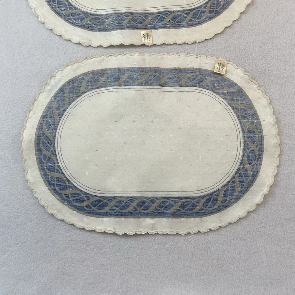 Lenox Hamilton Oval Placemats Cloth Set Of 2 Ivory Gold Navy Blue Vintage Lot #6